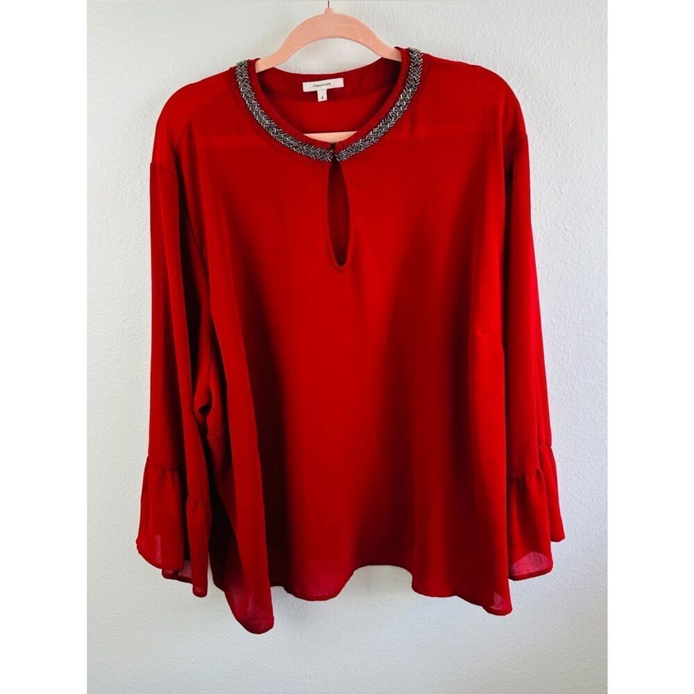 Maurice’s Red Beaded Neck Bell Sleeve Blouse Size 4X